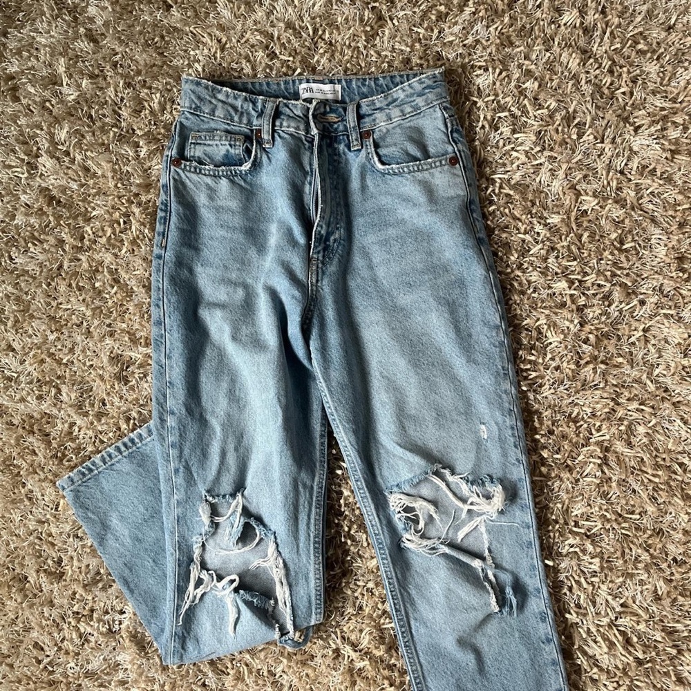 zara high-waisted ripped straight leg jeans